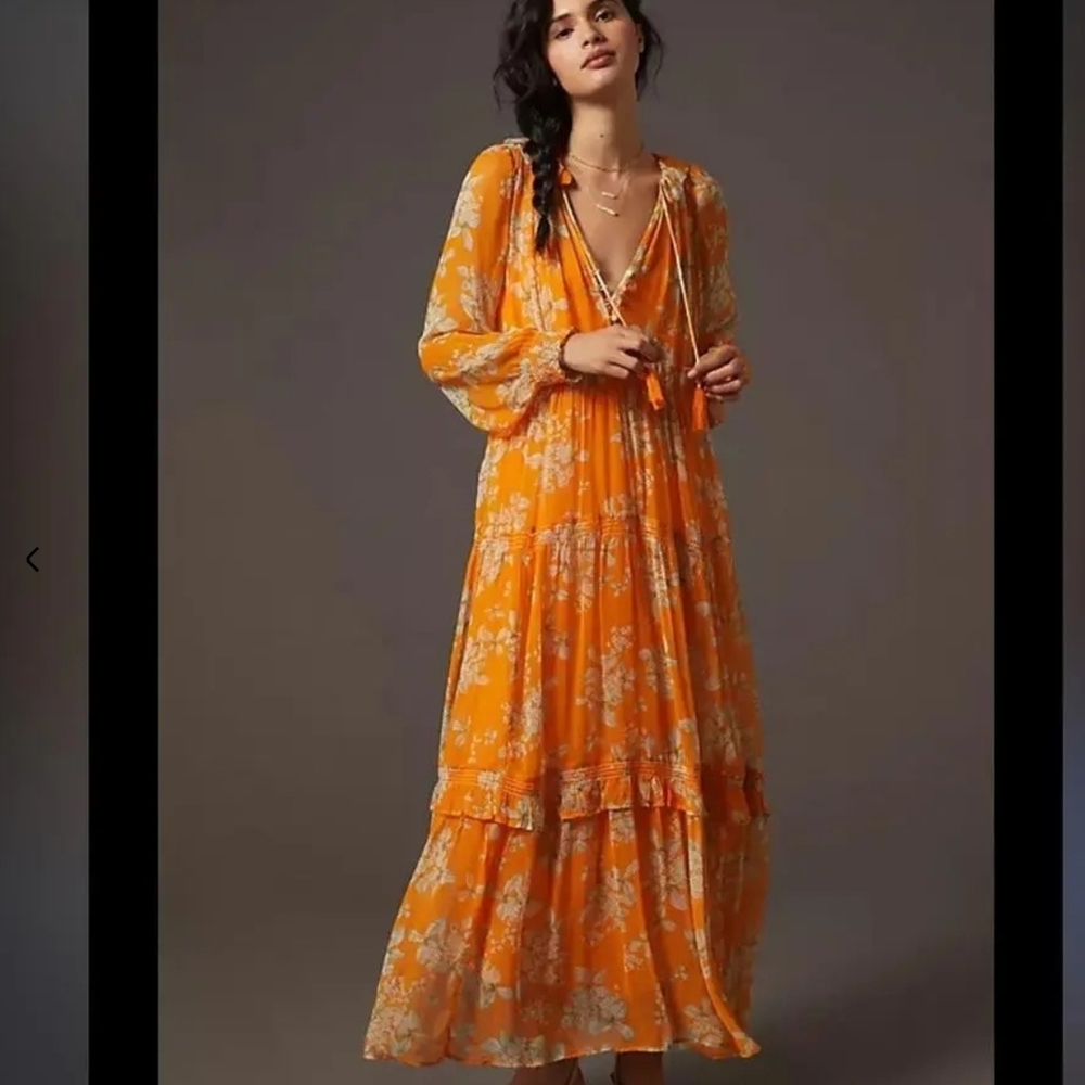 Anthropologie Medium Orange Floral Maxi Dress